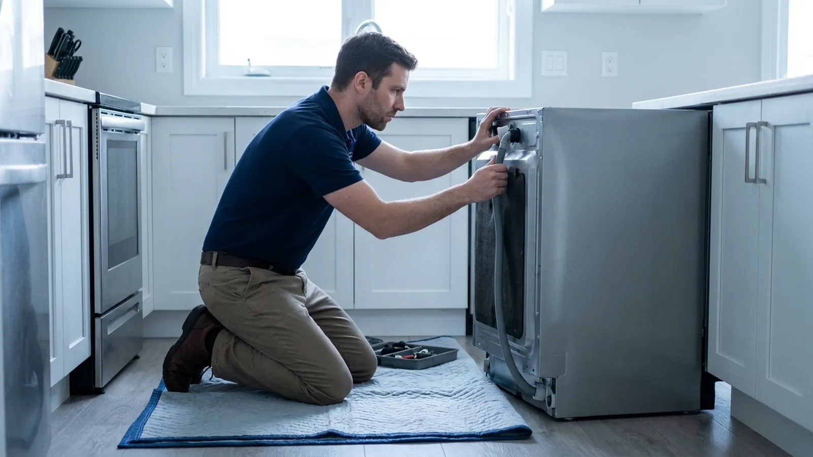 Technician inspecting the drain hose of a dishwasher pulled out from under the counter