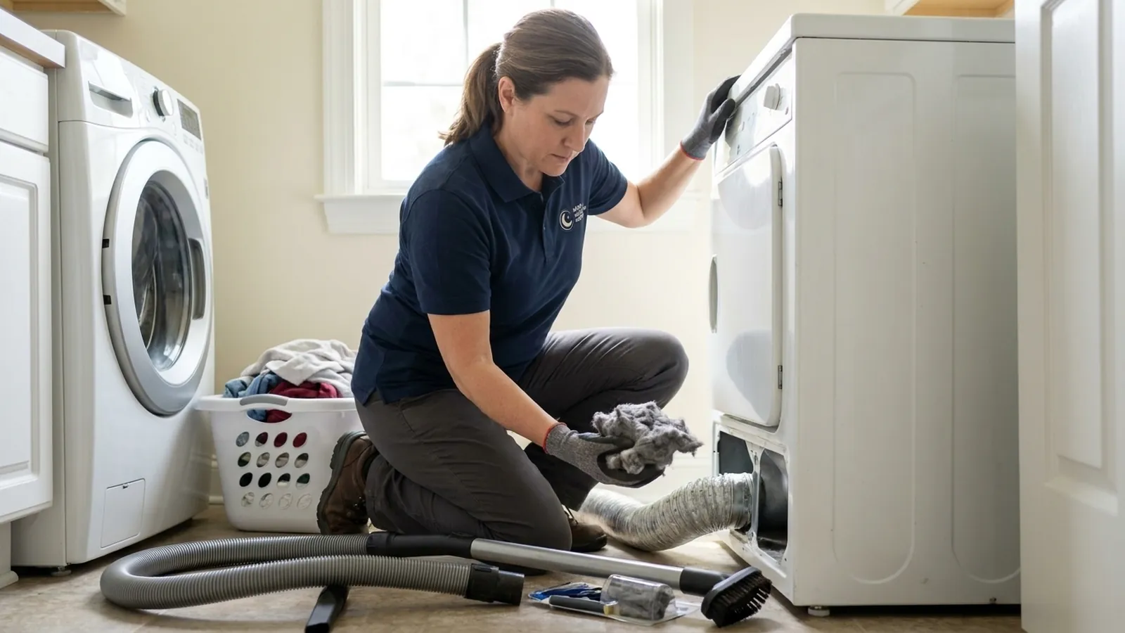 Technician clearing lint from a clothes dryer vent duct in a laundry room