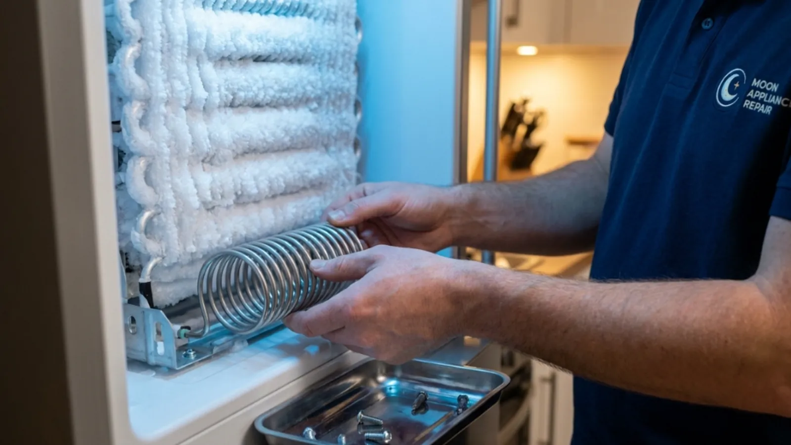 Technician fitting a new defrost heater into an iced-up freezer evaporator coil