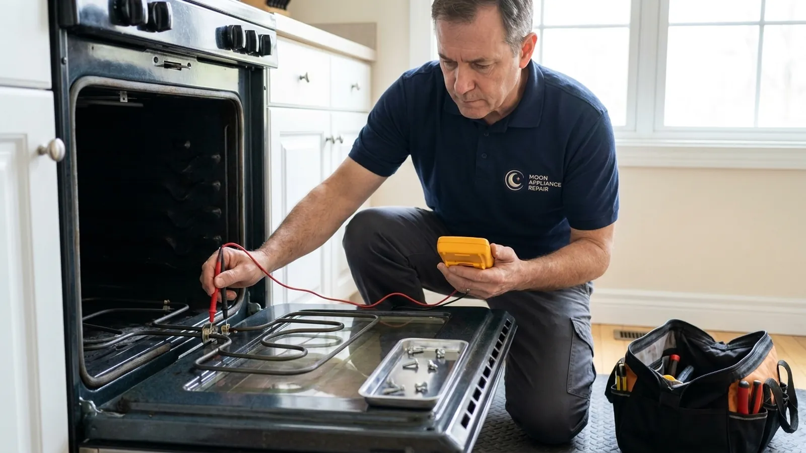 Technician testing an oven heating element with a multimeter