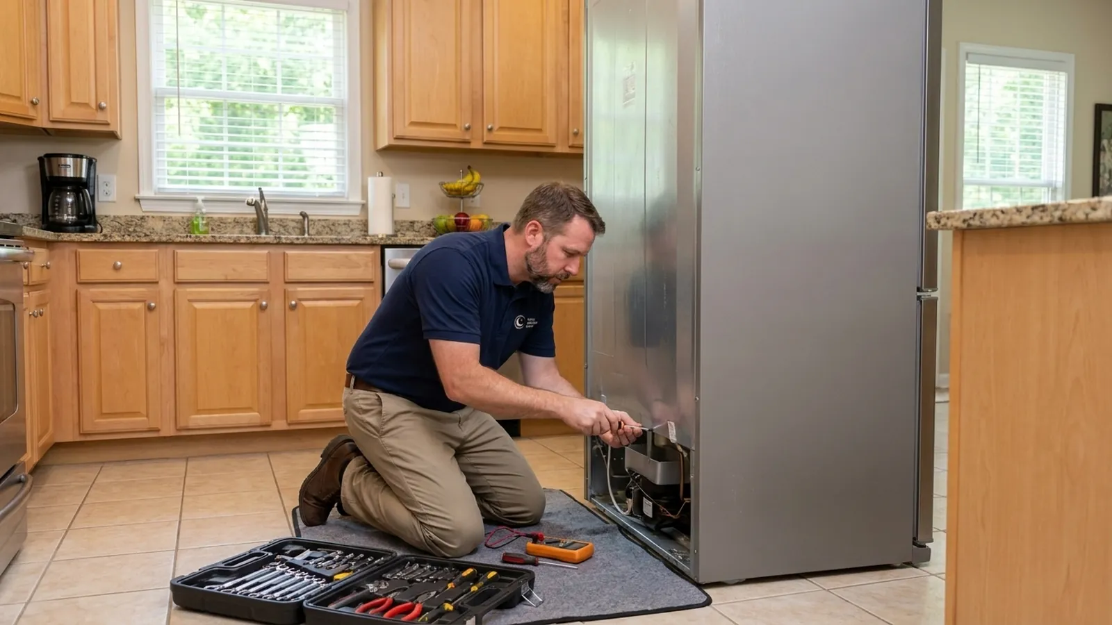 Moon Appliance Repair technician repairing a refrigerator in a Metro Atlanta kitchen