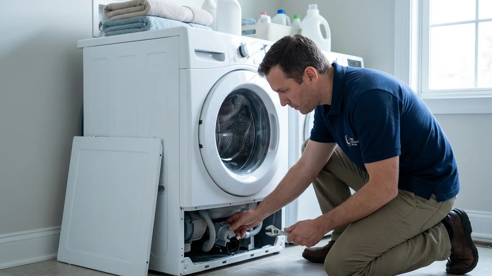 Technician repairing the pump of a front-loading washing machine